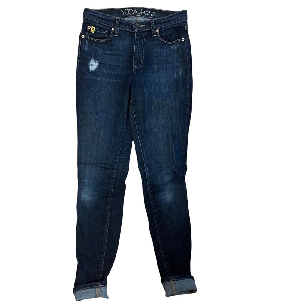 Yoga Jeans Distressed Dark Wash Mid-Rise Cuffed (or not) Denim Jeans